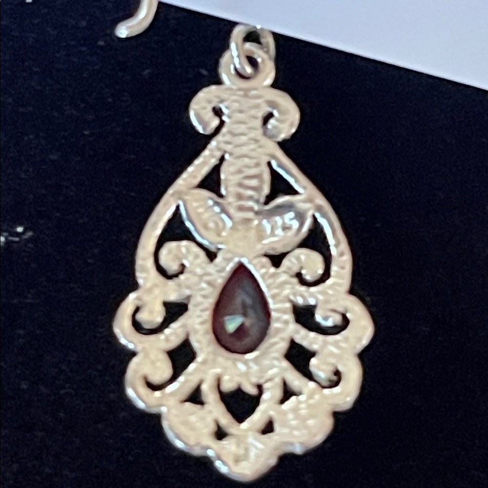 Silver Filigree Teardrop Earrings with Red Accent - Picture 3 of 4